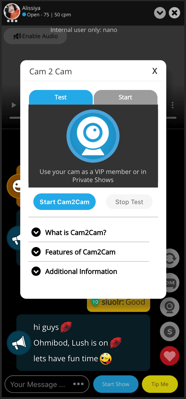 Smartphone screenshot of Flirt4Free.com's mobile Cam2Cam feature