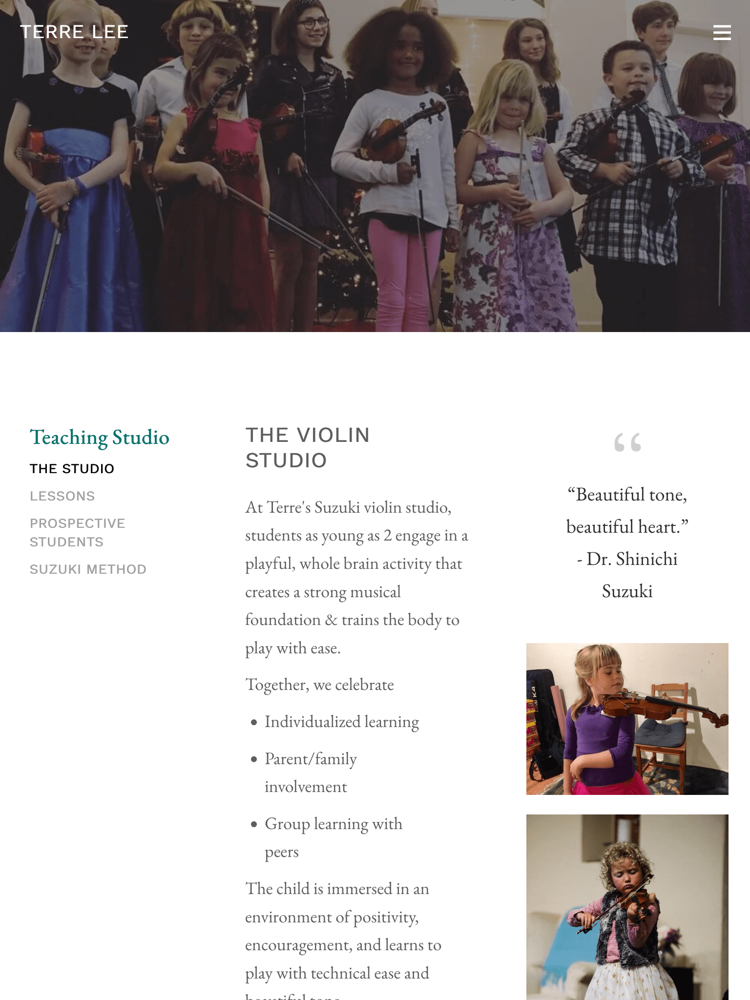 Tablet screenshot of Terre Lee Violin Web app